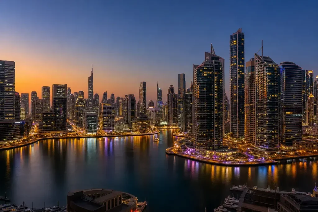 Movers and packers in Dubai Marina - Marina towers at dusk
