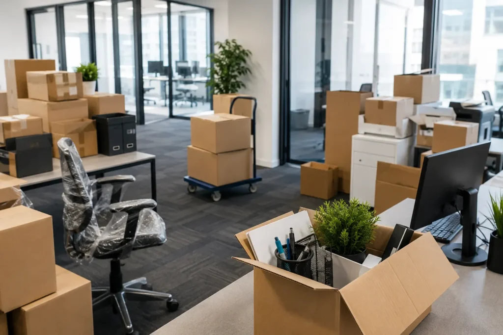 Office packed with boxes and IT equipment for relocation